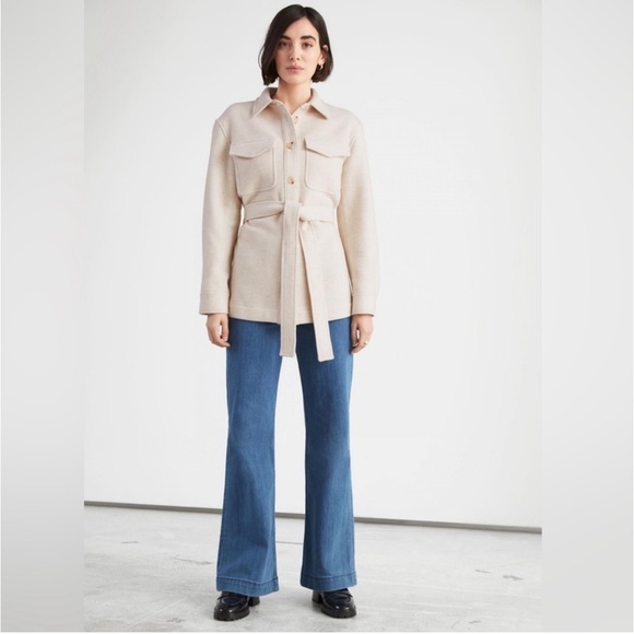 & Other Stories wool blend overshirt jacket Shacket tie waist in oatmeal - Picture 4 of 9